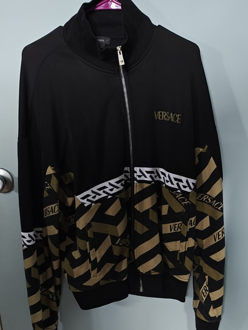 Versace Black and Gold Geometric Zip-Front Track Jacket